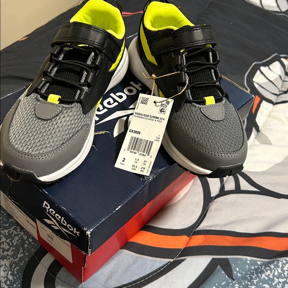 Boys Reebok Gray and Black Shoes with Neon Highlights